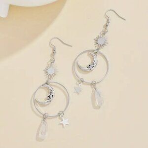 Bohemian Silver & Crystal Quartz Celestial Crescent Moon Dangle Earrings NEW